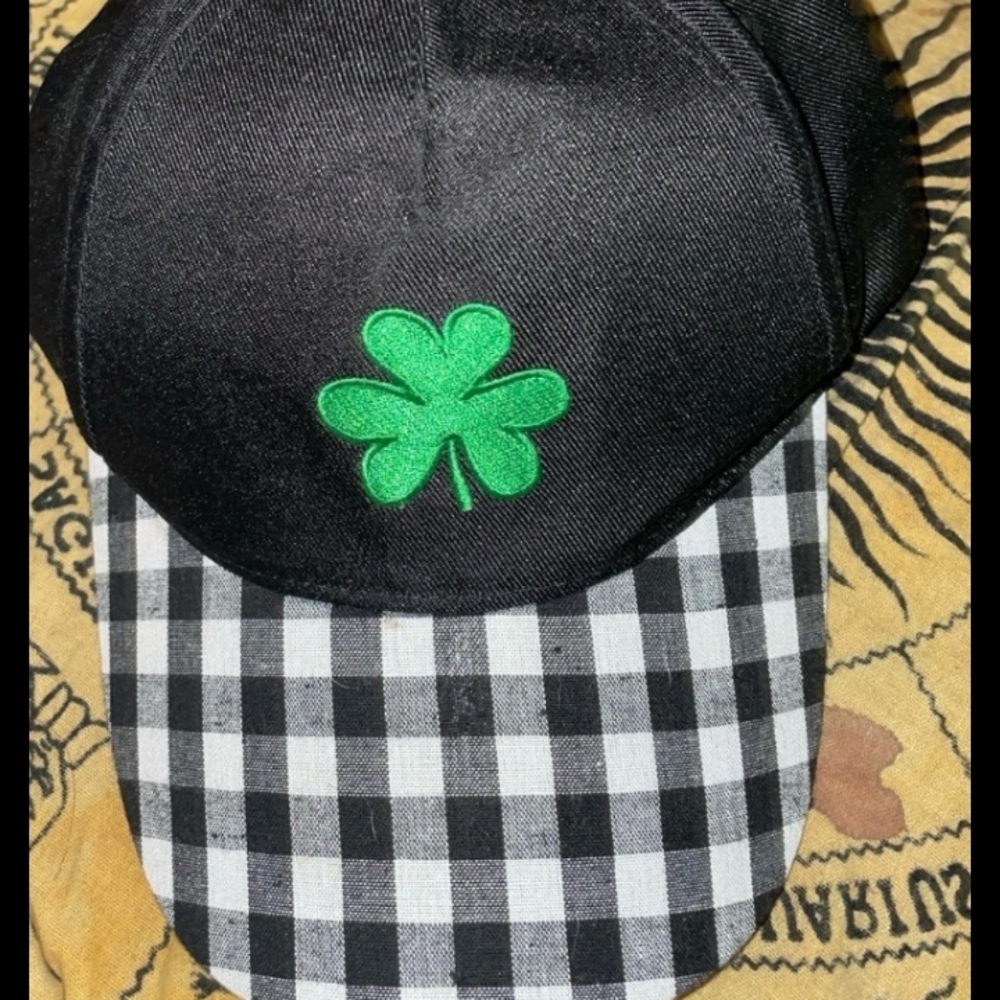 Black and White Checkered Cap with Green Clover